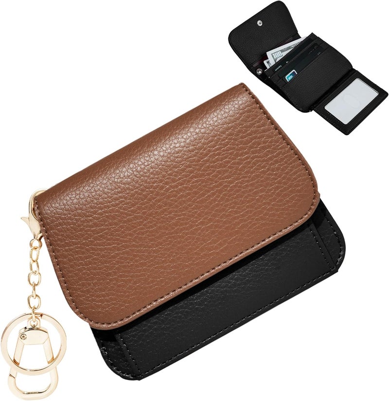 Sunpour Women Small Wallet RFID Blocking Slim Wallet with Coin Pocket Tri-Fold Credit Card Holder with ID Window and Keychain(Brown＆Black) - Image 1